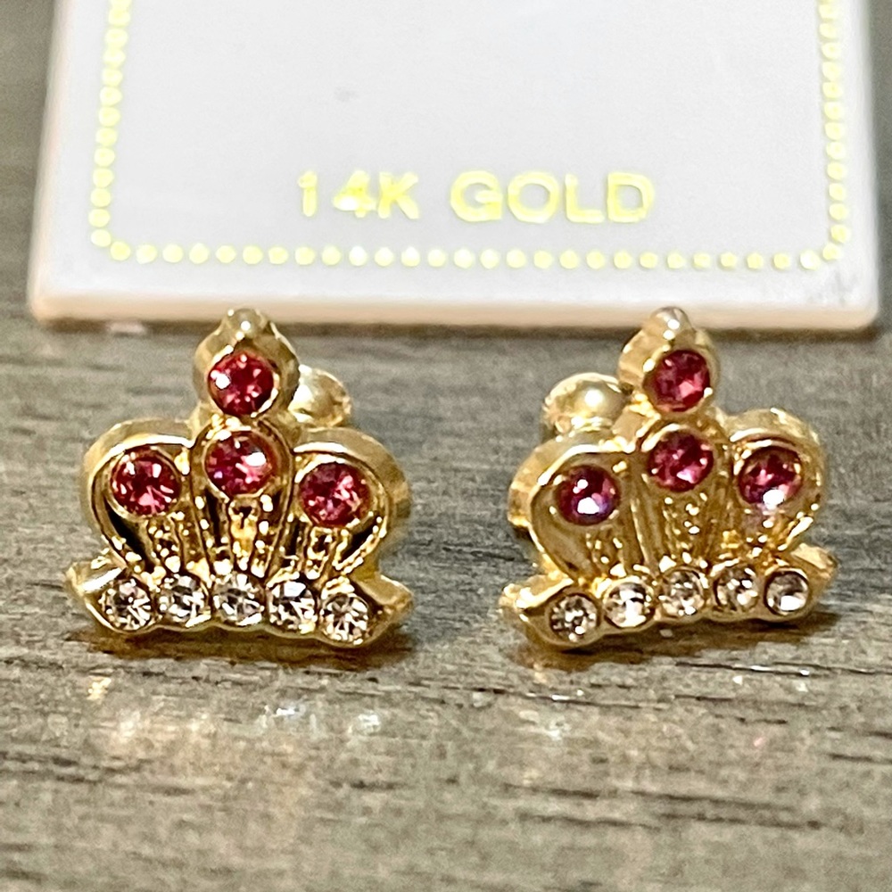 Solid Gold 14 Karat Yellow Queen Crown Pink Cz Earring